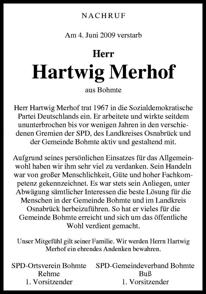  Traueranzeige für Hartwig Merhof vom 09.06.2009 aus Neue Osnabrücker Zeitung GmbH & Co. KG