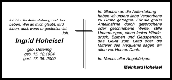 Traueranzeige von Ingrid Hoheisel von Neue Osnabrücker Zeitung GmbH & Co. KG