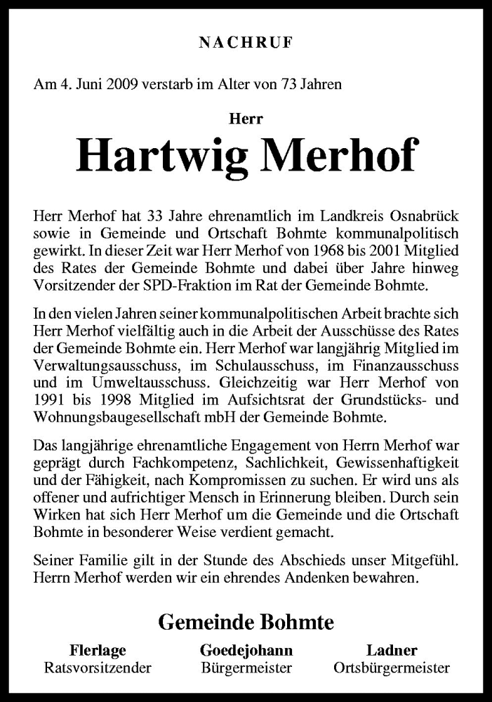  Traueranzeige für Hartwig Merhof vom 10.06.2009 aus Neue Osnabrücker Zeitung GmbH & Co. KG