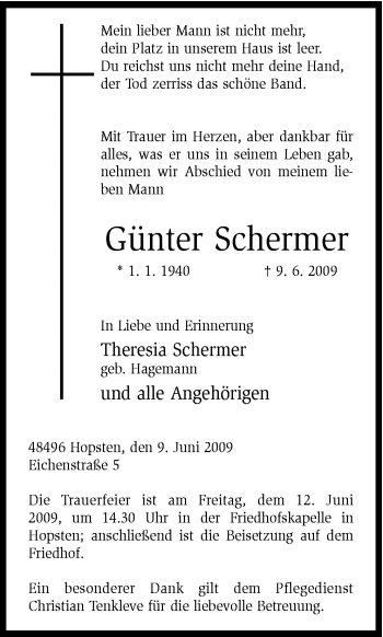 Traueranzeige von Günter Schermer von Neue Osnabrücker Zeitung GmbH & Co. KG