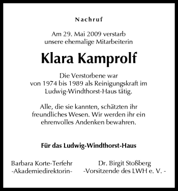 Traueranzeige von Klara Kamprolf von Neue Osnabrücker Zeitung GmbH & Co. KG