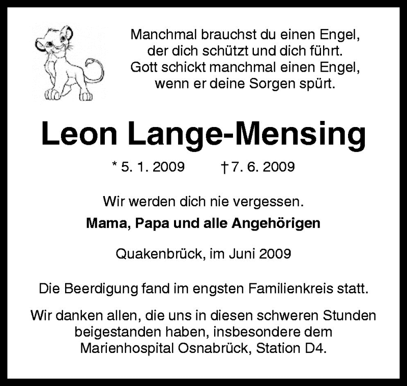  Traueranzeige für Leon Lange-Mensing vom 13.06.2009 aus Neue Osnabrücker Zeitung GmbH & Co. KG