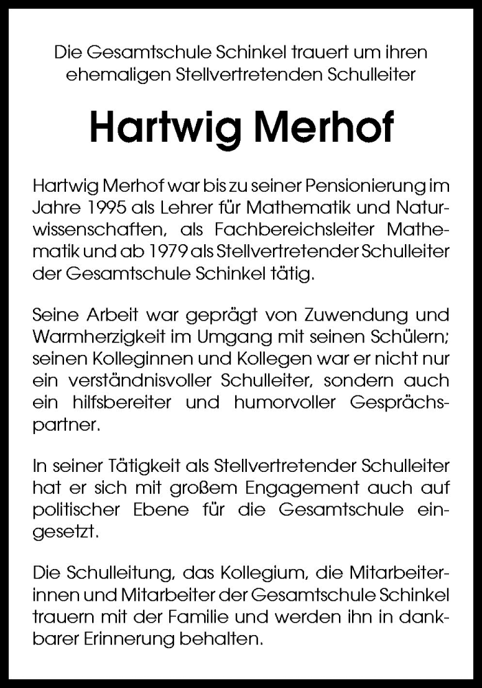  Traueranzeige für Hartwig Merhof vom 12.06.2009 aus Neue Osnabrücker Zeitung GmbH & Co. KG