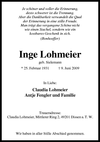 Traueranzeige von Inge Lohmeier von Neue Osnabrücker Zeitung GmbH & Co. KG