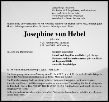 Traueranzeige von Josephine von Hebel von Neue Osnabrücker Zeitung GmbH & Co. KG