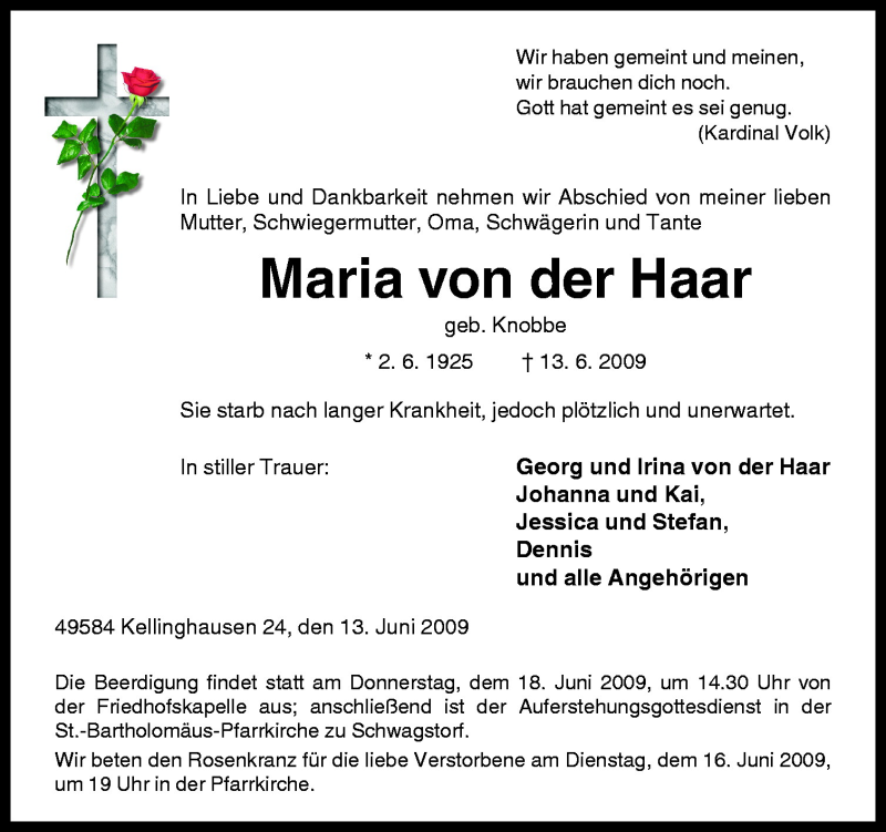  Traueranzeige für Maria von der Haar vom 15.06.2009 aus Neue Osnabrücker Zeitung GmbH & Co. KG