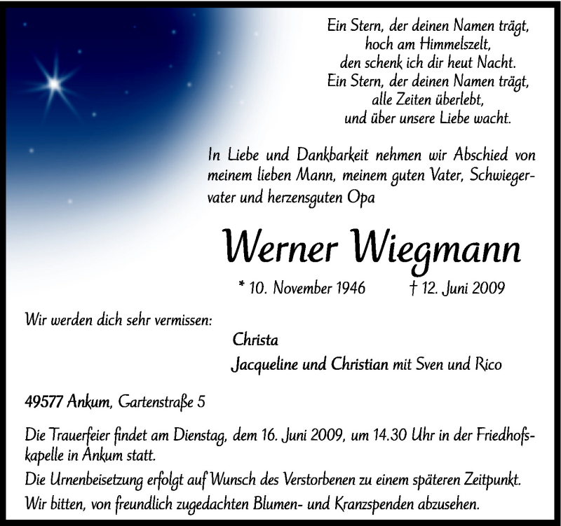  Traueranzeige für Werner Wiegmann vom 15.06.2009 aus Neue Osnabrücker Zeitung GmbH & Co. KG