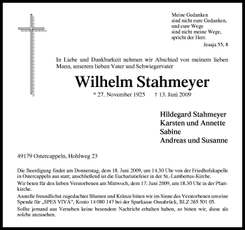 Traueranzeige von Wilhelm Stahmeyer von Neue Osnabrücker Zeitung GmbH & Co. KG