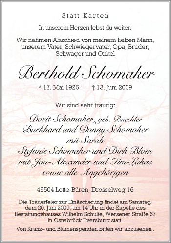 Traueranzeige von Berthold Schomaker von Neue Osnabrücker Zeitung GmbH & Co. KG