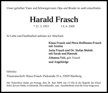 Traueranzeige von Harald Frasch von Neue Osnabrücker Zeitung GmbH & Co. KG