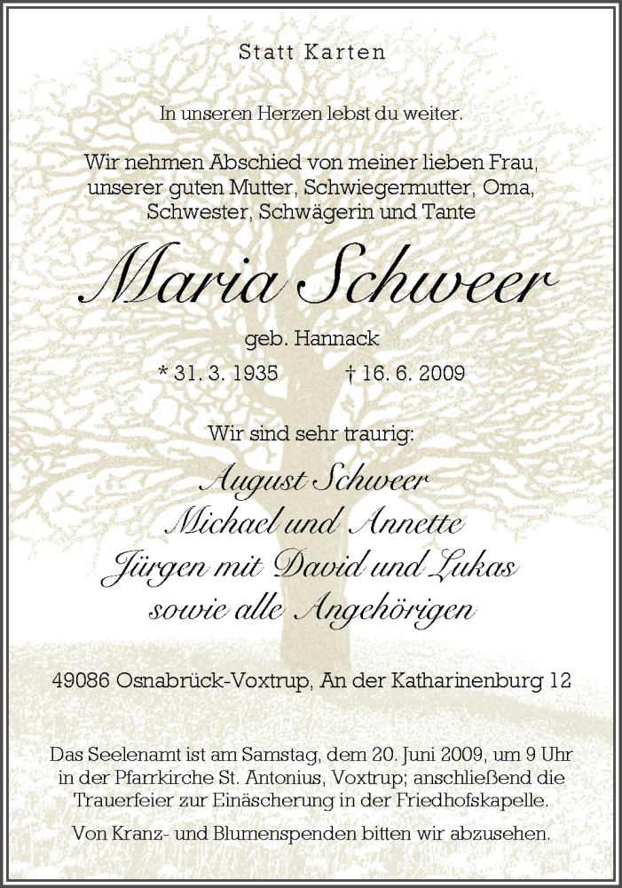  Traueranzeige für Maria Schweer vom 17.06.2009 aus Neue Osnabrücker Zeitung GmbH & Co. KG