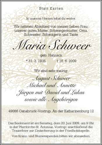 Traueranzeige von Maria Schweer von Neue Osnabrücker Zeitung GmbH & Co. KG