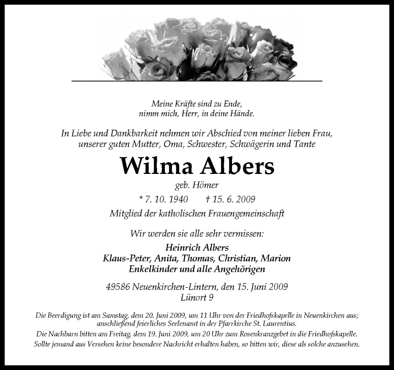  Traueranzeige für Wilma Albers vom 17.06.2009 aus Neue Osnabrücker Zeitung GmbH & Co. KG