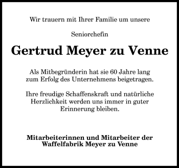 Traueranzeige von Gertrud Meyer zu Venne von Neue Osnabrücker Zeitung GmbH & Co. KG