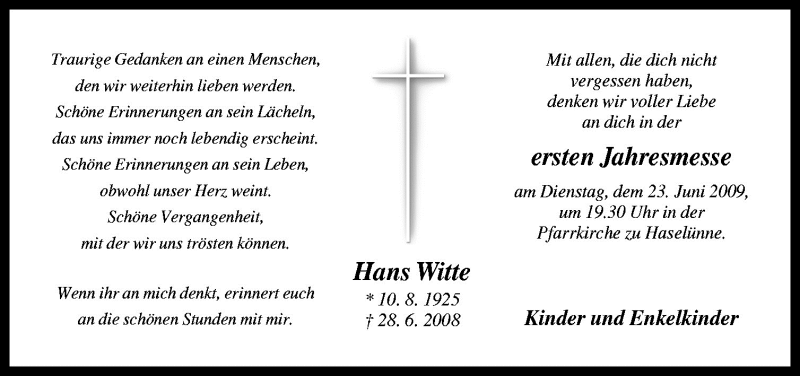  Traueranzeige für Hans Witte vom 20.06.2009 aus Neue Osnabrücker Zeitung GmbH & Co. KG