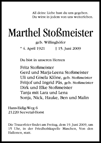 Traueranzeige von Marthel Stoßmeister von Neue Osnabrücker Zeitung GmbH & Co. KG