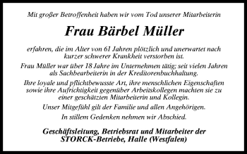 Traueranzeige von Bärbel Müller von Neue Osnabrücker Zeitung GmbH & Co. KG