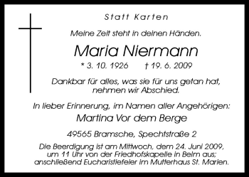 Traueranzeige von Maria Niermann von Neue Osnabrücker Zeitung GmbH & Co. KG