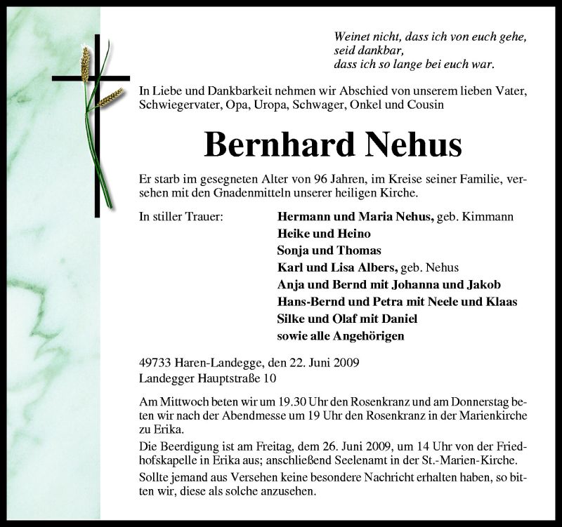  Traueranzeige für Bernhard Nehus vom 24.06.2009 aus Neue Osnabrücker Zeitung GmbH & Co. KG