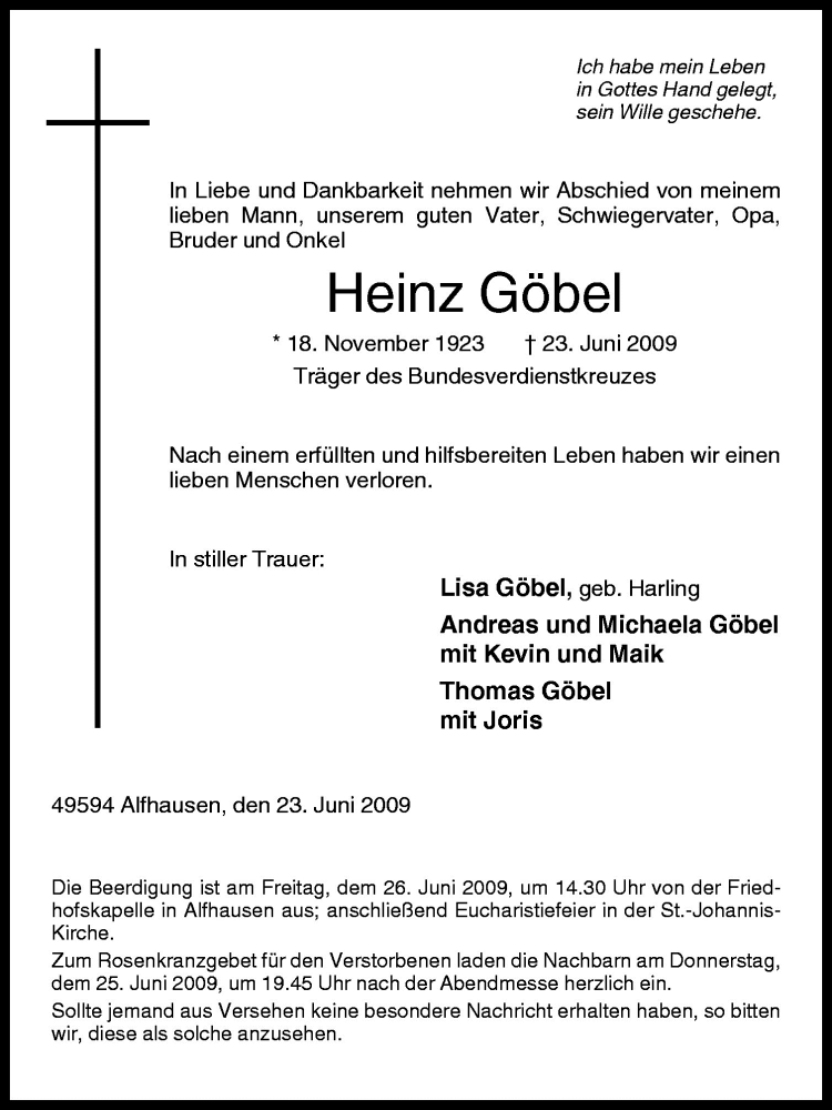  Traueranzeige für Heinz Göbel vom 25.06.2009 aus Neue Osnabrücker Zeitung GmbH & Co. KG