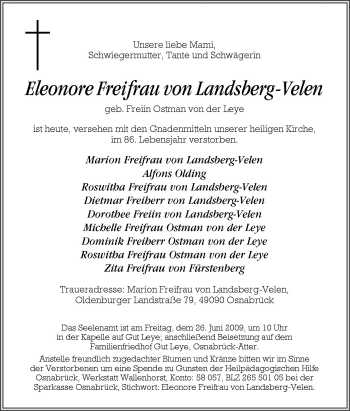 Traueranzeige von Eleonore Freifrau von Landsberg-Velen von Neue Osnabrücker Zeitung GmbH & Co. KG