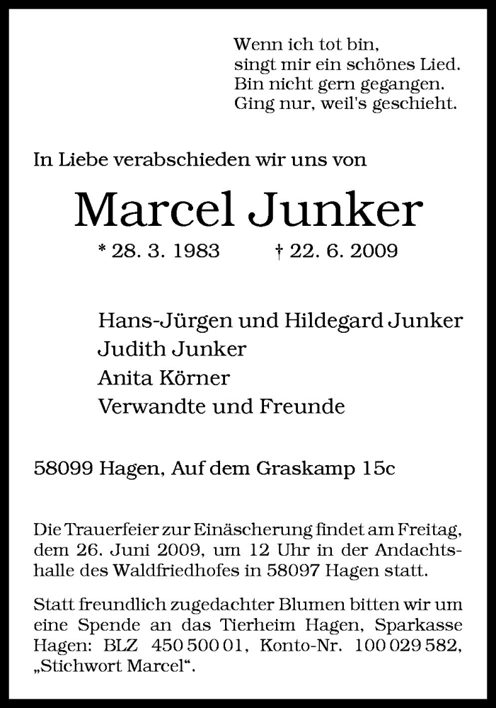  Traueranzeige für Marcel Junker vom 25.06.2009 aus Neue Osnabrücker Zeitung GmbH & Co. KG