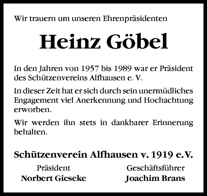  Traueranzeige für Heinz Göbel vom 26.06.2009 aus Neue Osnabrücker Zeitung GmbH & Co. KG