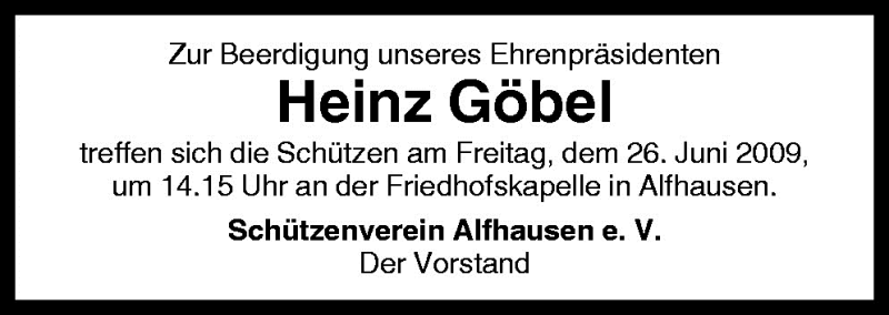  Traueranzeige für Heinz Göbel vom 26.06.2009 aus Neue Osnabrücker Zeitung GmbH & Co. KG