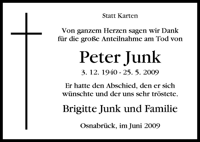  Traueranzeige für Peter Junk vom 27.06.2009 aus Neue Osnabrücker Zeitung GmbH & Co. KG