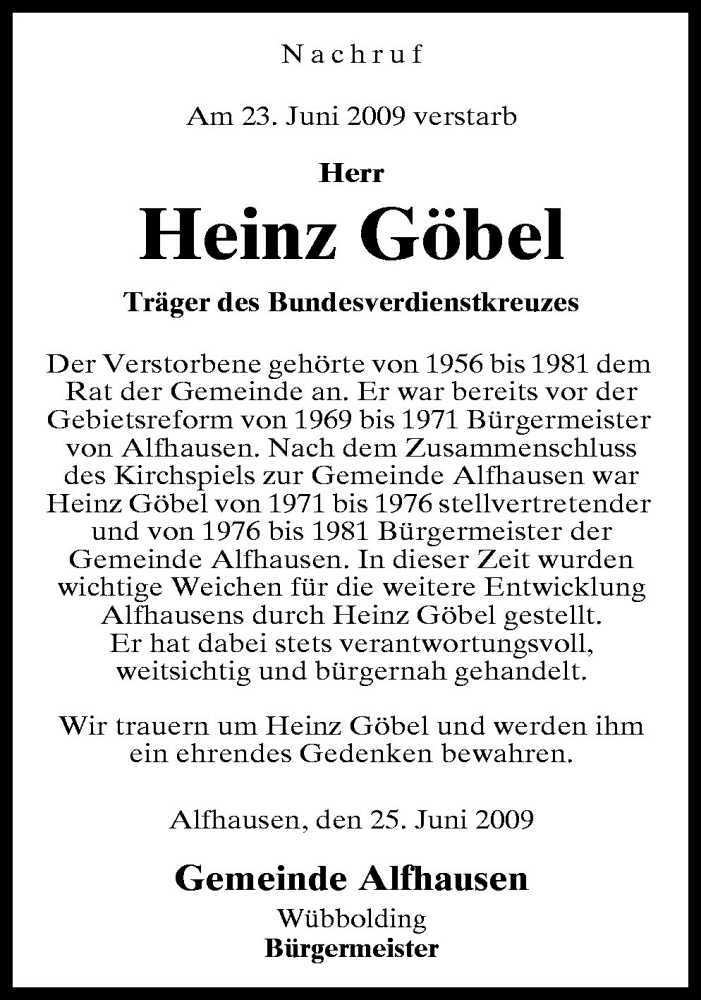  Traueranzeige für Heinz Göbel vom 27.06.2009 aus Neue Osnabrücker Zeitung GmbH & Co. KG