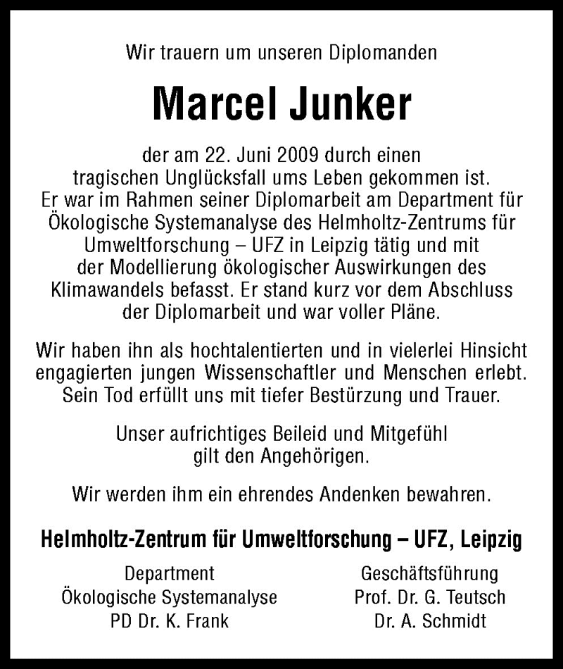  Traueranzeige für Marcel Junker vom 27.06.2009 aus Neue Osnabrücker Zeitung GmbH & Co. KG