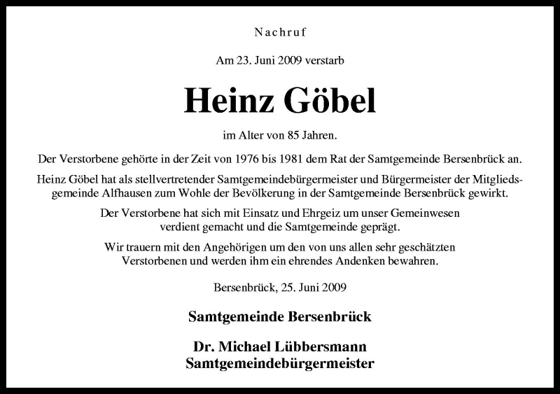  Traueranzeige für Heinz Göbel vom 27.06.2009 aus Neue Osnabrücker Zeitung GmbH & Co. KG