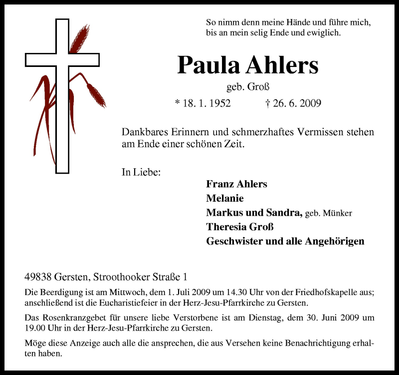  Traueranzeige für Paula Ahlers vom 29.06.2009 aus Neue Osnabrücker Zeitung GmbH & Co. KG