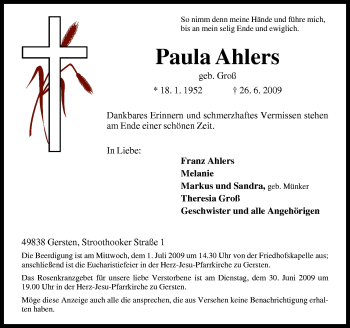 Traueranzeige von Paula Ahlers von Neue Osnabrücker Zeitung GmbH & Co. KG