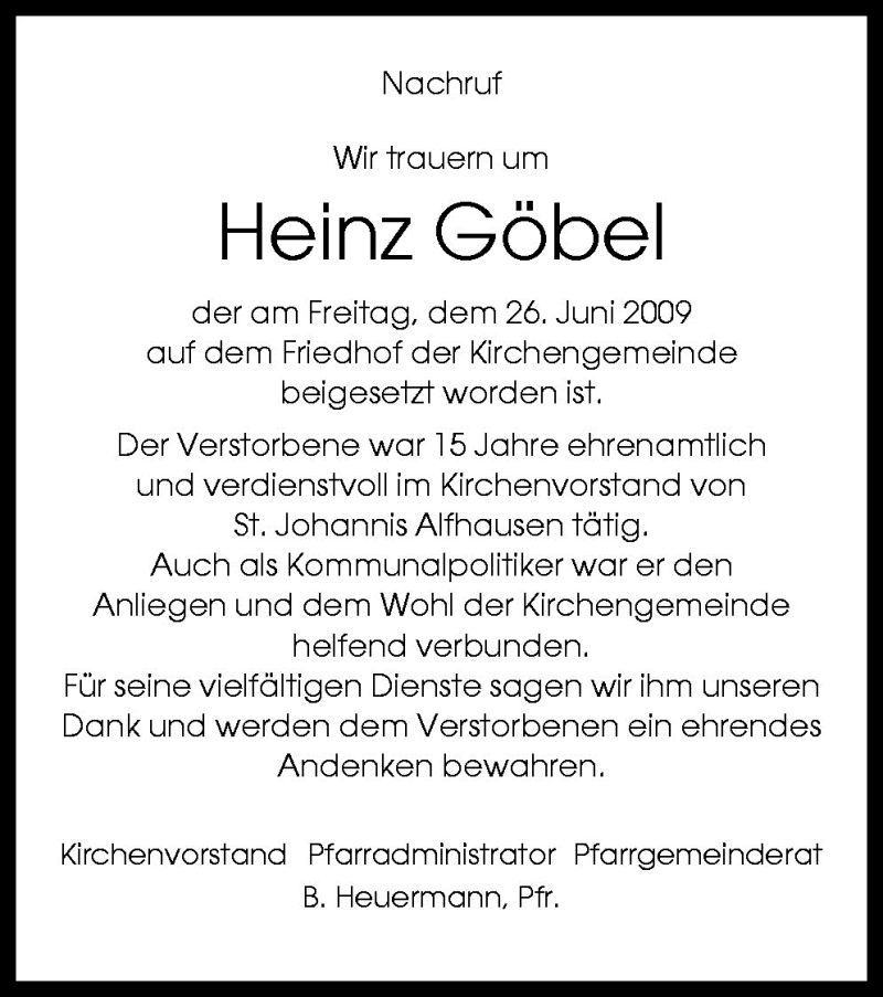  Traueranzeige für Heinz Göbel vom 29.06.2009 aus Neue Osnabrücker Zeitung GmbH & Co. KG