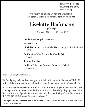Traueranzeige von Liselotte Hackmann von Neue Osnabrücker Zeitung GmbH & Co. KG