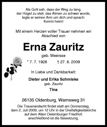 Traueranzeige von Erna Zauritz von Neue Osnabrücker Zeitung GmbH & Co. KG