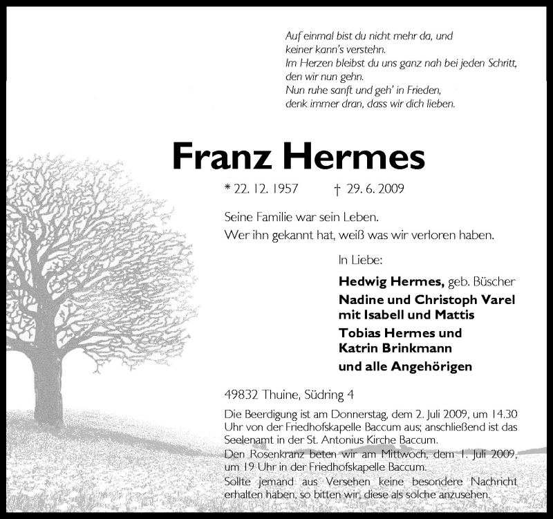 Traueranzeige für Franz Hermes vom 30.06.2009 aus Neue Osnabrücker Zeitung GmbH & Co. KG