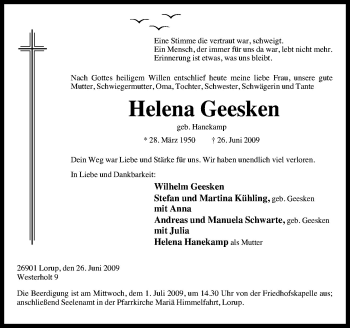Traueranzeige von Helena Geesken von Neue Osnabrücker Zeitung GmbH & Co. KG