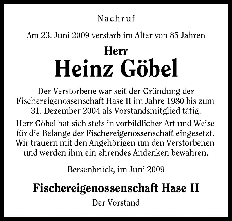  Traueranzeige für Heinz Göbel vom 30.06.2009 aus Neue Osnabrücker Zeitung GmbH & Co. KG