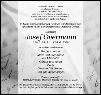 Traueranzeige von Josef Oevermann von Neue Osnabrücker Zeitung GmbH & Co. KG