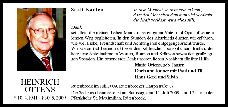  Traueranzeige für Heinrich Ottens vom 07.07.2009 aus Neue Osnabrücker Zeitung GmbH & Co. KG