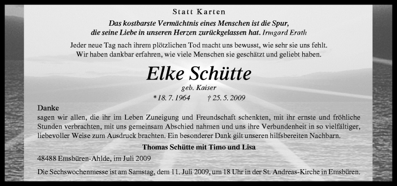  Traueranzeige für Elke Schütte vom 08.07.2009 aus Neue Osnabrücker Zeitung GmbH & Co. KG