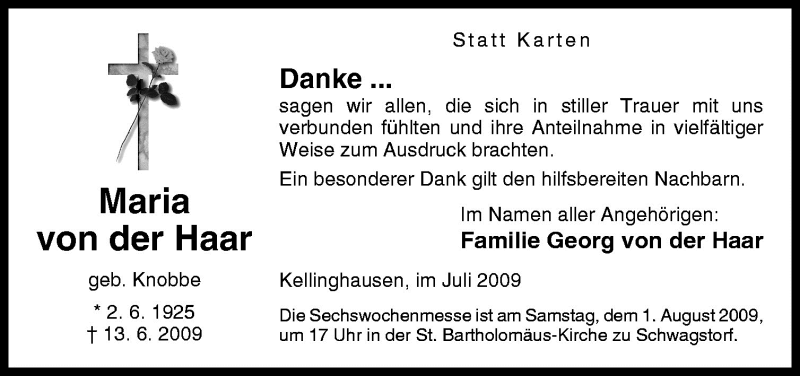  Traueranzeige für Maria von der Haar vom 25.07.2009 aus Neue Osnabrücker Zeitung GmbH & Co. KG