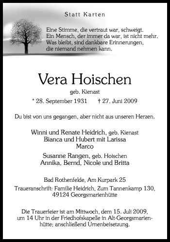 Traueranzeige von Vera Hoischen von Neue Osnabrücker Zeitung GmbH & Co. KG