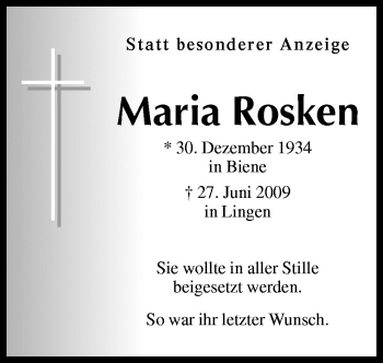 Traueranzeige von Maria Rosken von Neue Osnabrücker Zeitung GmbH & Co. KG
