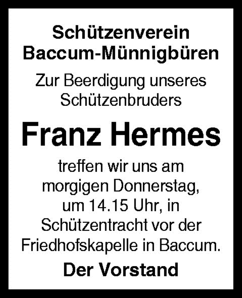  Traueranzeige für Franz Hermes vom 01.07.2009 aus Neue Osnabrücker Zeitung GmbH & Co. KG