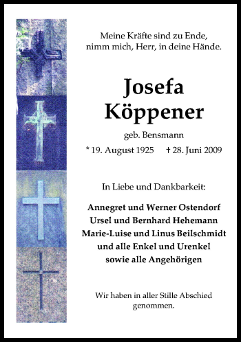 Traueranzeige von Josefa Köppener von Neue Osnabrücker Zeitung GmbH & Co. KG