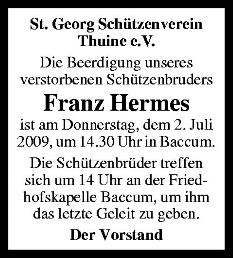  Traueranzeige für Franz Hermes vom 02.07.2009 aus Neue Osnabrücker Zeitung GmbH & Co. KG
