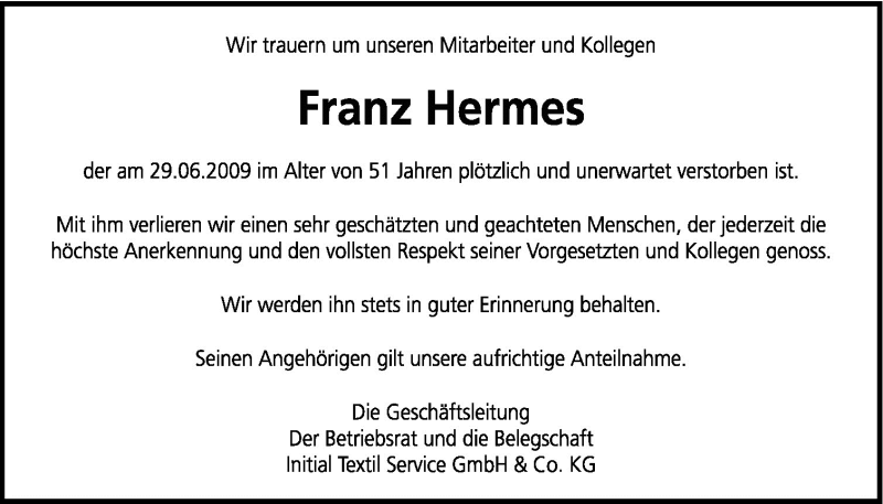  Traueranzeige für Franz Hermes vom 02.07.2009 aus Neue Osnabrücker Zeitung GmbH & Co. KG